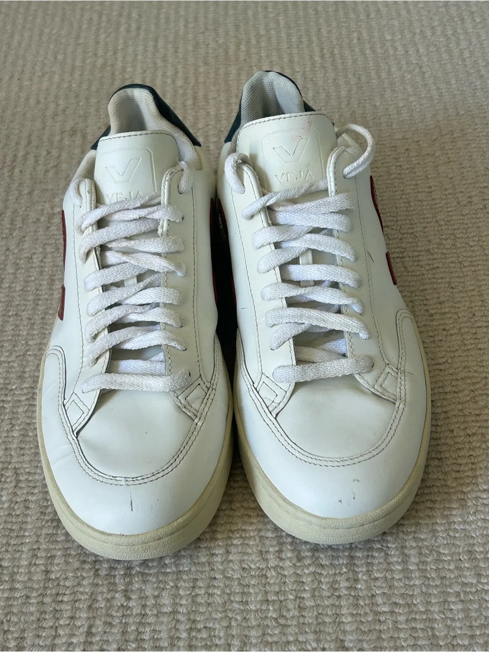 Veja Men’s White Leather Sneakers with Red Side V